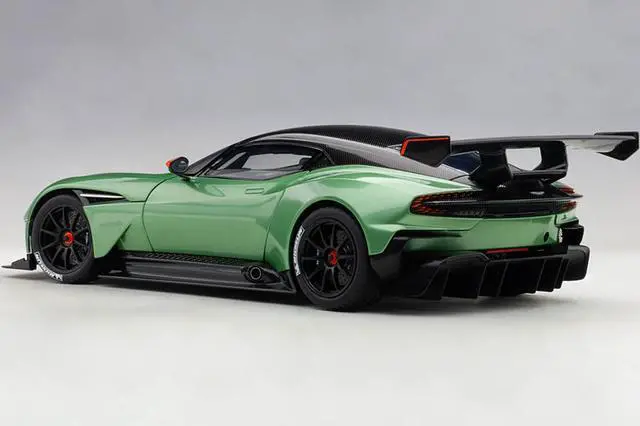 Alt view image 4 of 7 - Aston Martin Vulcan Apple Tree Green Metallic with Orange Accents and Carbon Top 1/18 Model Car by Autoart