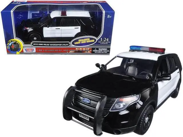 Alt view image 4 of 6 - 2015 Ford Police Interceptor Utility Black and White with Flashing Light Bar and Front and Rear Lights and 2 Sounds 1/24 Diecast Model Car by Motormax