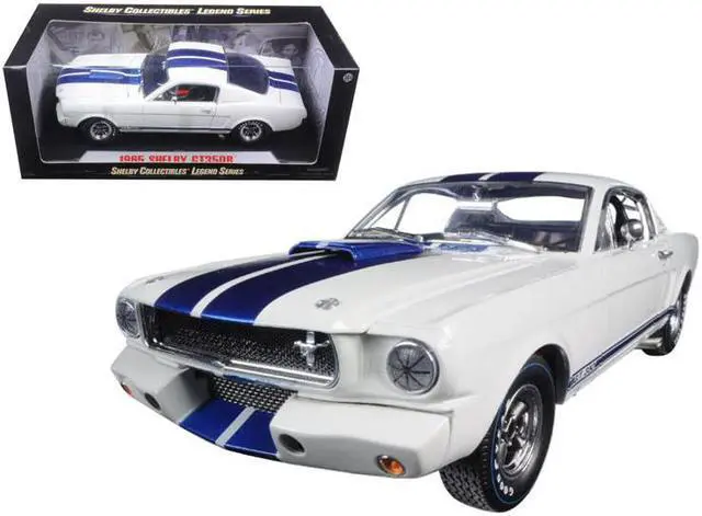 Main image of 1965 Ford Mustang Shelby GT350R White w/Blue Stripes w/Carroll Shelby's Signature on the Roof 1/18 Shelby Collectibles