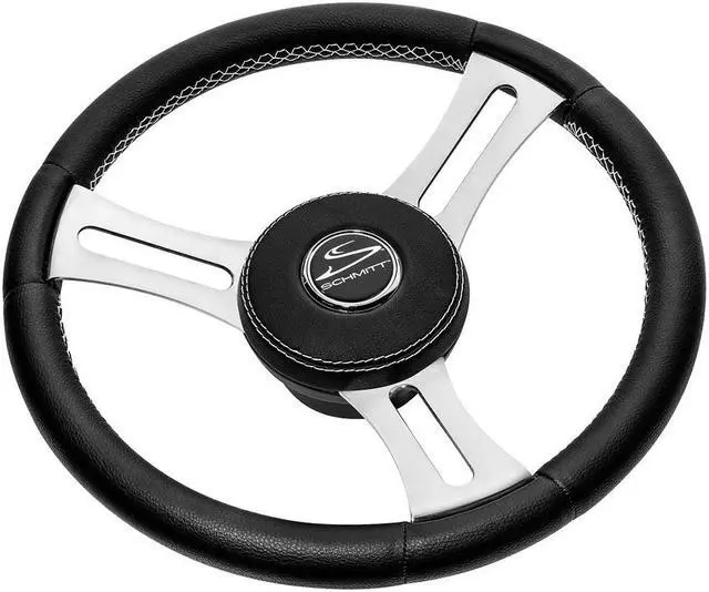 Main image of Schmitt Marine Torcello Elite 14" Wheel - Black Leather & Cap - White Stitching - Polished SS Spokes - 3/4" Tapered Shaft