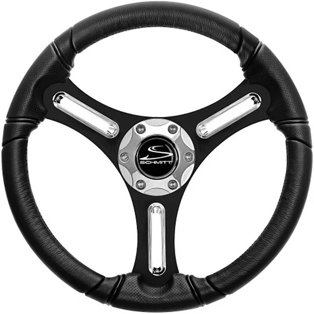 Main image of Schmitt Marine Torcello 14" Wheel - 03 Series - Polyurethane Wheel w/Chrome Spoke Inserts & Cap - Black Brushed Spokes - 3/4" Tapered Shaft