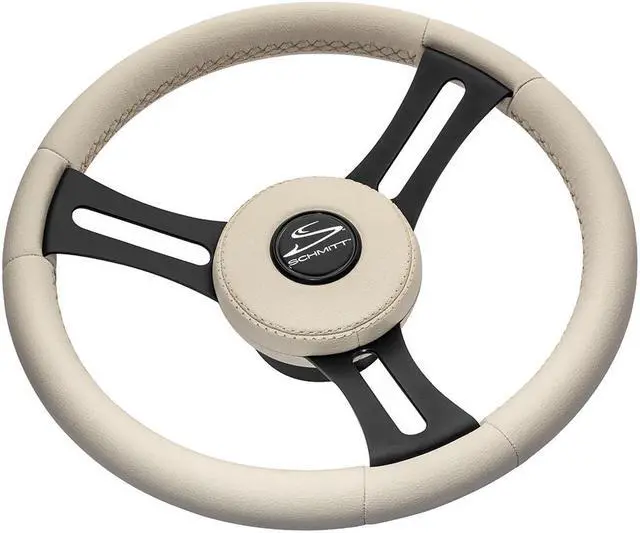 Main image of Schmitt Marine Torcello Elite 14" Wheel - Beige Leather & Cap - White Stitching - Black SS Spokes - 3/4" Tapered Shaft