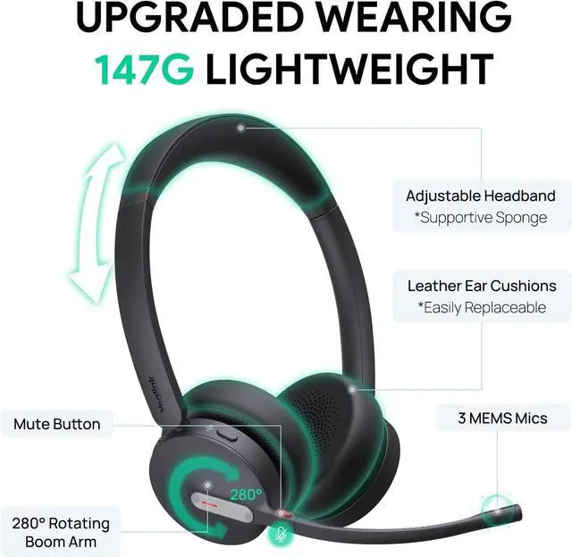 Alt view image 3 of 5 - Yealink BH70 Dual UC Wireless Headset with Mic for Work, Bluetooth Headphone Teams & UC Compatible, up to 35h Talk Time