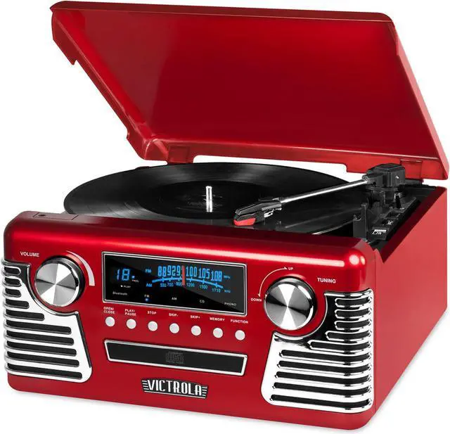 Alt view image 4 of 11 - Victrola 50's Retro 3-Speed Bluetooth Turntable with Stereo, CD Player and Speakers, Red