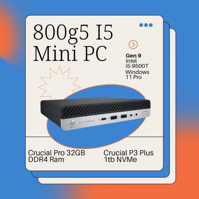 Alt view image 2 of 6 - HP EliteDesk 800 G5 Mini Desktop Intel 9th Gen i5-9500T 6-Core, High-Performance Crucial 32GB DDR4 RAM, 2TB NVMe M.2, Windows 11 Pro, Internal WiFi 6 AX210, Cherry Keyboard & Mouse