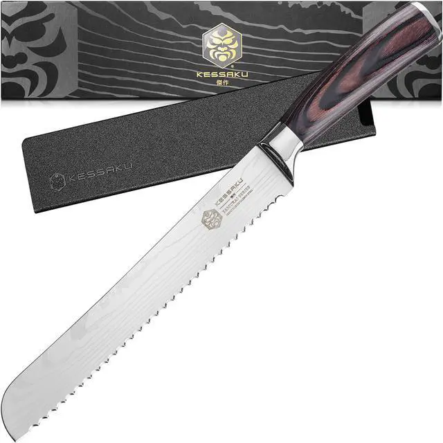 Main image of Kessaku 8-Inch Serrated Bread Knife - Samurai Series - Forged High Carbon 7Cr17MoV Stainless Steel - Pakkawood Handle with Blade Guard