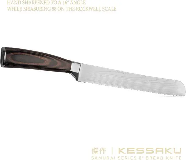 Alt view image 6 of 7 - Kessaku 8-Inch Serrated Bread Knife - Samurai Series - Forged High Carbon 7Cr17MoV Stainless Steel - Pakkawood Handle with Blade Guard
