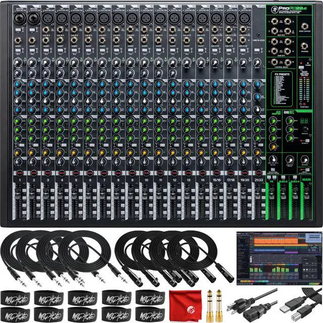 Main image of Mackie ProFX22v3 22-Channel Unpowered Mixer USB Bundle with Waveform OEM DAW, 4x Mophead 10-Foot TRS Cable, 4x 10-Foot XLR Cable, 2x 1/4" to 3.5mm Adapter, 10x Cable Ties and Microfiber Cloth