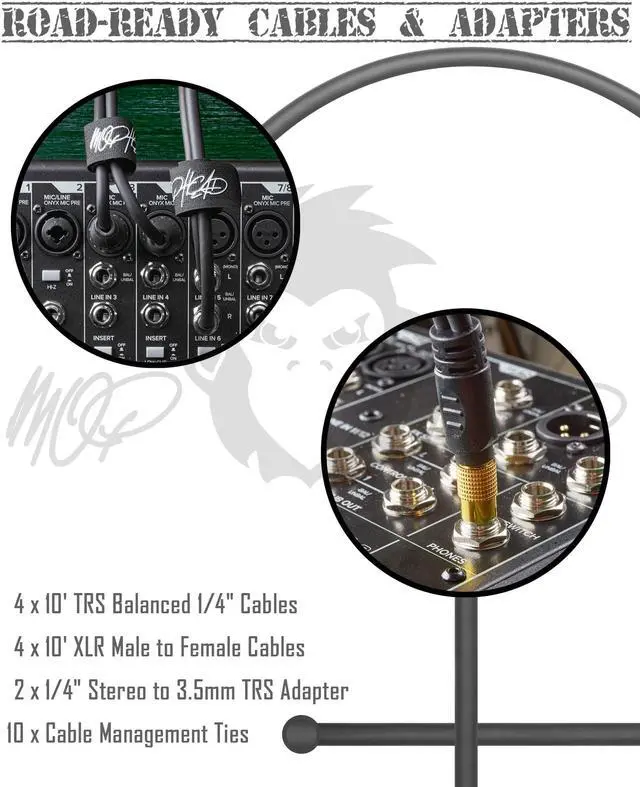 Alt view image 7 of 7 - Mackie ProFX22v3 22-Channel Unpowered Mixer USB Bundle with Waveform OEM DAW, 4x Mophead 10-Foot TRS Cable, 4x 10-Foot XLR Cable, 2x 1/4" to 3.5mm Adapter, 10x Cable Ties and Microfiber Cloth