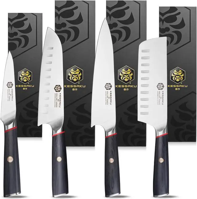 Main image of Kessaku 8-Inch Chef, 7-Inch Santoku, 6-Inch Nakiri, 4-Inch Paring - Spectre Series Knife Set - Forged High Carbon Japanese AUS-8 Stainless Steel - Pakkawood Handle with Blade Guards