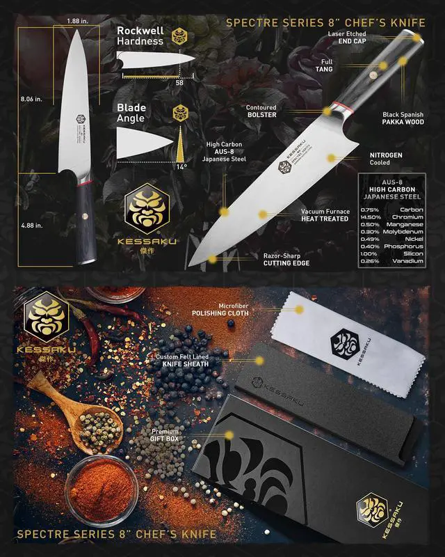 Alt view image 2 of 7 - Kessaku 8-Inch Chef, 7-Inch Santoku, 6-Inch Nakiri, 4-Inch Paring - Spectre Series Knife Set - Forged High Carbon Japanese AUS-8 Stainless Steel - Pakkawood Handle with Blade Guards