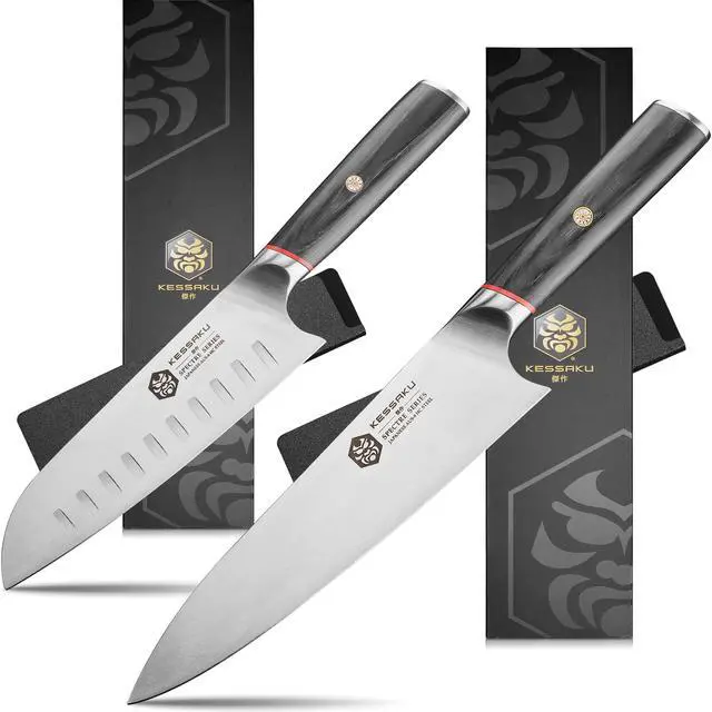 Main image of Kessaku 8-Inch Chef and 7-Inch Santoku - Spectre Series Knife Set - Forged High Carbon Japanese AUS-8 Stainless Steel - Pakkawood Handle with Blade Guards