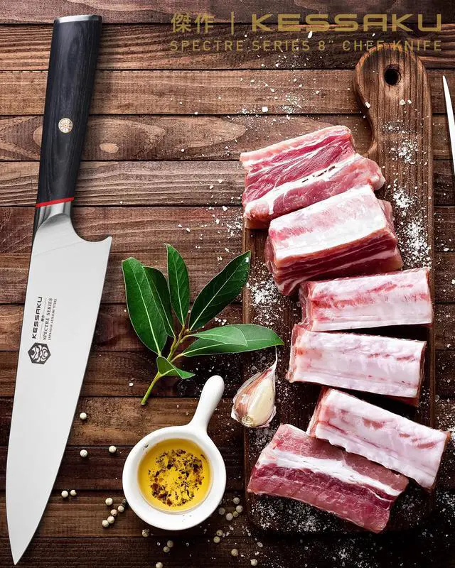 Alt view image 3 of 7 - Kessaku 8-Inch Chef and 6-Inch Nakiri - Spectre Series Knife Set - Forged High Carbon Japanese AUS-8 Stainless Steel - Pakkawood Handle with Blade Guards