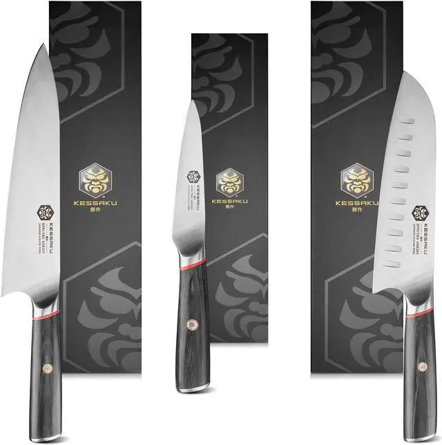 Main image of Kessaku 8-Inch Chef, 7-Inch Santoku, 4-Inch Paring - Spectre Series Knife Set - Forged High Carbon Japanese AUS-8 Stainless Steel - Pakkawood Handle with Blade Guards