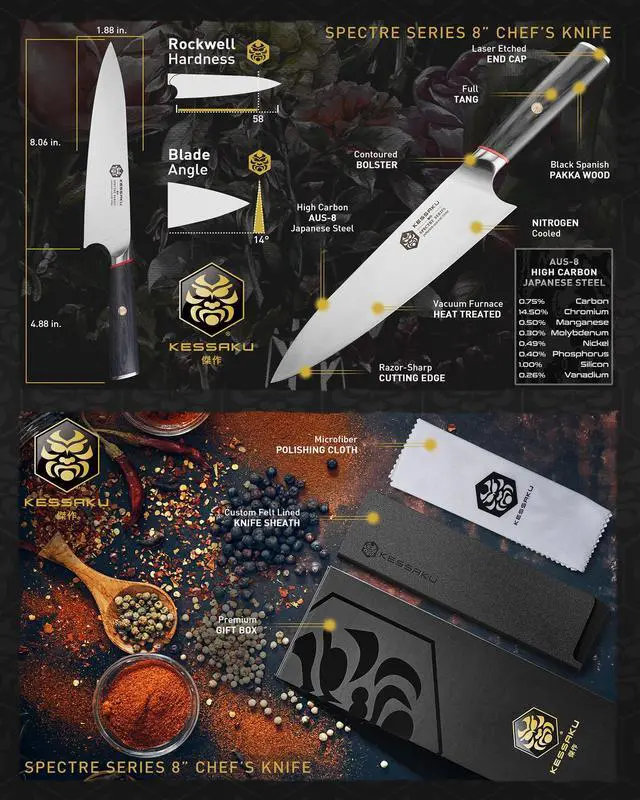 Alt view image 2 of 7 - Kessaku 8-Inch Chef, 7-Inch Santoku, 4-Inch Paring - Spectre Series Knife Set - Forged High Carbon Japanese AUS-8 Stainless Steel - Pakkawood Handle with Blade Guards