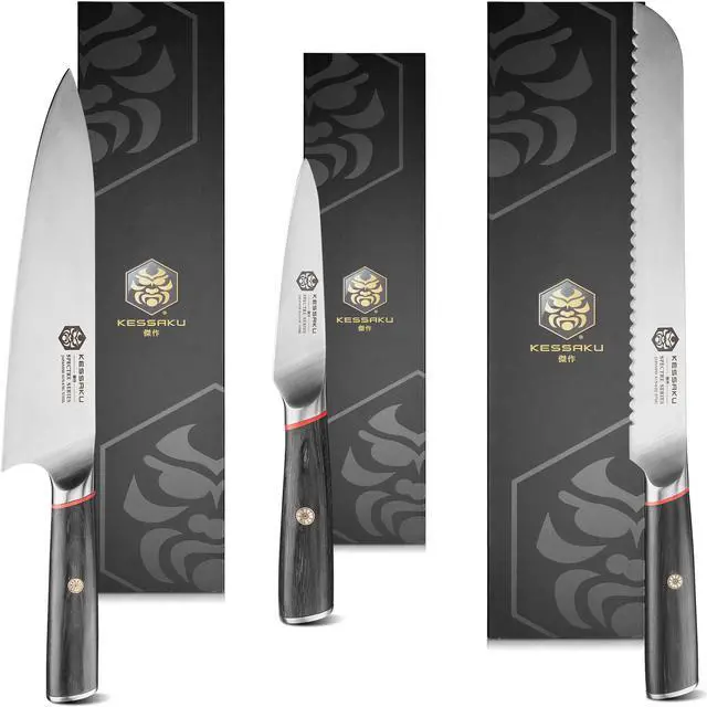 Main image of Kessaku 8-Inch Chef, 9-Inch Bread, 4-Inch Paring - Spectre Series Knife Set - Forged High Carbon Japanese AUS-8 Stainless Steel - Pakkawood Handle with Blade Guards