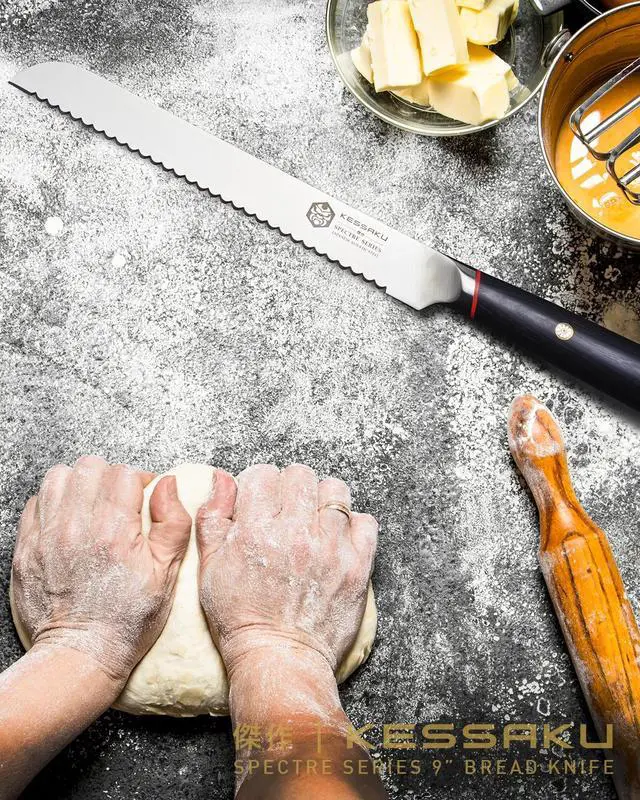 Alt view image 4 of 7 - Kessaku 8-Inch Chef, 9-Inch Bread, 4-Inch Paring - Spectre Series Knife Set - Forged High Carbon Japanese AUS-8 Stainless Steel - Pakkawood Handle with Blade Guards