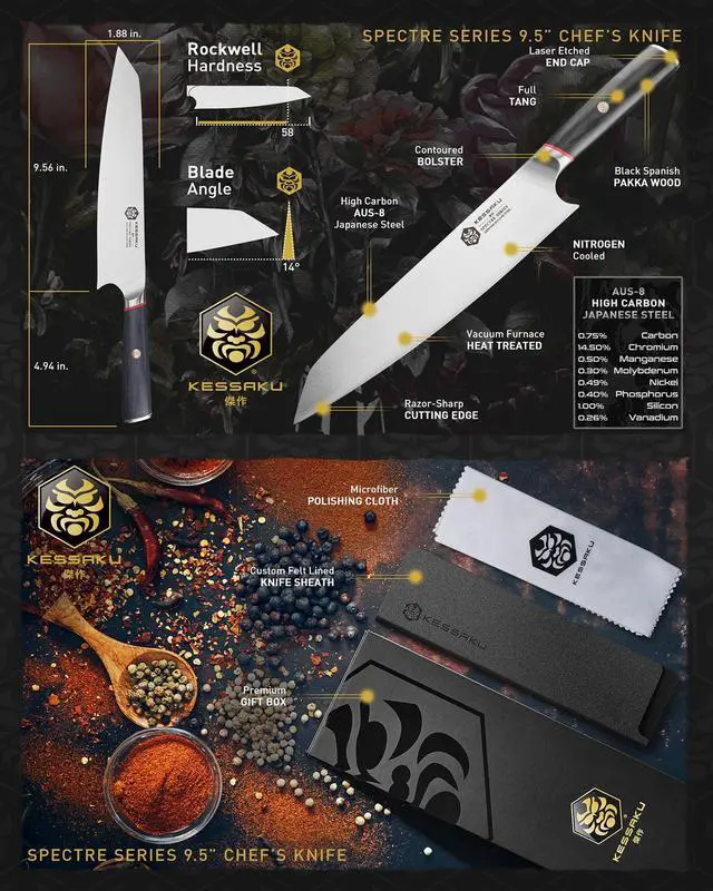 Alt view image 2 of 7 - Kessaku 9.5-Inch Chef and 4-Inch Paring - Spectre Series Knife Set - Forged High Carbon Japanese AUS-8 Stainless Steel - Pakkawood Handle with Blade Guards