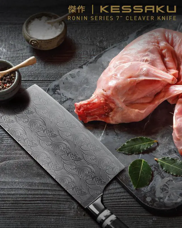 Alt view image 5 of 7 - Kessaku Meat Cleaver Butcher Knife - 7 inch - Ronin Series - Heavy Duty - Razor Sharp - Forged 7Cr17MoV High Carbon Stainless Steel - Wood Handle with Blade Guard