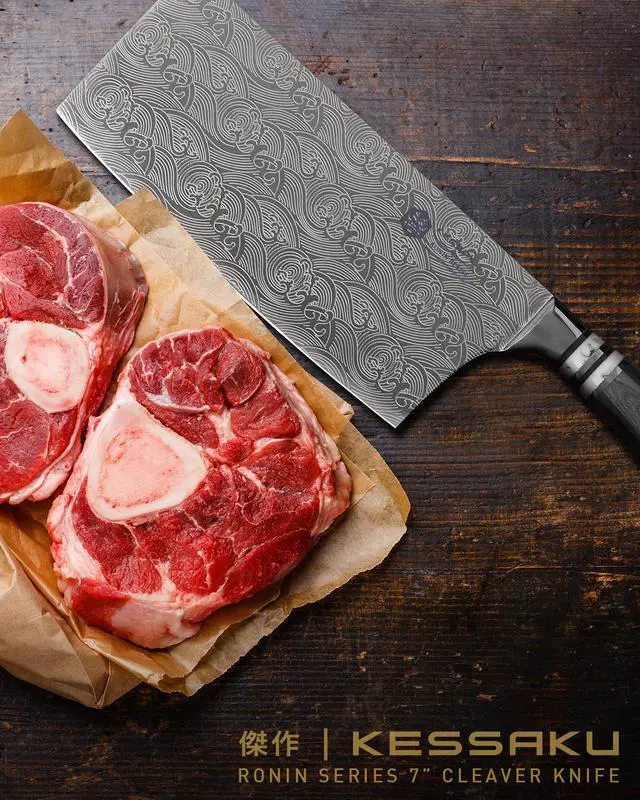 Alt view image 6 of 7 - Kessaku Meat Cleaver Butcher Knife - 7 inch - Ronin Series - Heavy Duty - Razor Sharp - Forged 7Cr17MoV High Carbon Stainless Steel - Wood Handle with Blade Guard