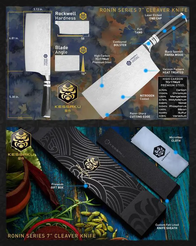 Alt view image 7 of 7 - Kessaku Meat Cleaver Butcher Knife - 7 inch - Ronin Series - Heavy Duty - Razor Sharp - Forged 7Cr17MoV High Carbon Stainless Steel - Wood Handle with Blade Guard