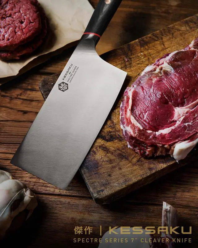 Alt view image 5 of 7 - Kessaku Meat Cleaver Butcher Knife - 7 inch - Spectre Series - Heavy Duty - Razor Sharp - Forged Japanese AUS-8 High Carbon Stainless Steel - Spanish Pakkawood Handle with Blade Guard