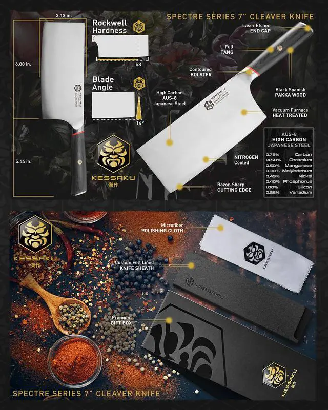Alt view image 7 of 7 - Kessaku Meat Cleaver Butcher Knife - 7 inch - Spectre Series - Heavy Duty - Razor Sharp - Forged Japanese AUS-8 High Carbon Stainless Steel - Spanish Pakkawood Handle with Blade Guard