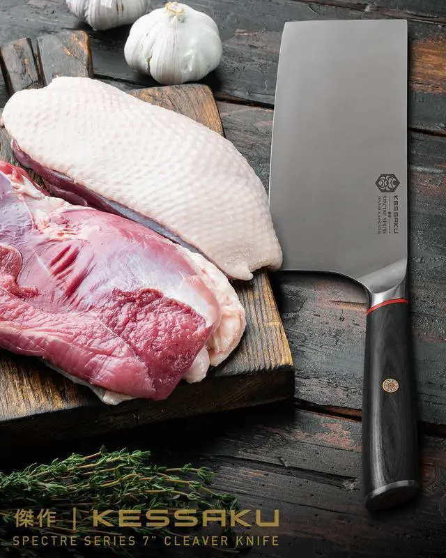 Alt view image 6 of 7 - Kessaku Meat Cleaver Butcher Knife - 7 inch - Spectre Series - Heavy Duty - Razor Sharp - Forged Japanese AUS-8 High Carbon Stainless Steel - Spanish Pakkawood Handle with Blade Guard