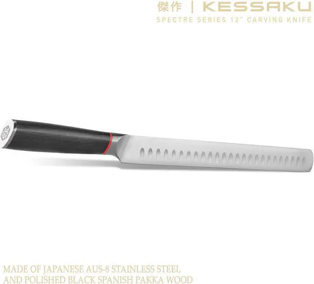 Alt view image 2 of 7 - Kessaku Carving Knife - 12 inch - Spectre Series - Razor Sharp - Granton Edge - Forged Japanese AUS-8 High Carbon Stainless Steel - Spanish Pakkawood Handle with Blade Guard