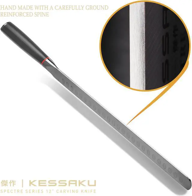 Alt view image 3 of 7 - Kessaku Carving Knife - 12 inch - Spectre Series - Razor Sharp - Granton Edge - Forged Japanese AUS-8 High Carbon Stainless Steel - Spanish Pakkawood Handle with Blade Guard