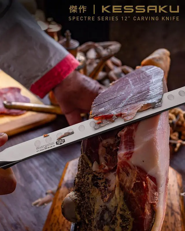 Alt view image 5 of 7 - Kessaku Carving Knife - 12 inch - Spectre Series - Razor Sharp - Granton Edge - Forged Japanese AUS-8 High Carbon Stainless Steel - Spanish Pakkawood Handle with Blade Guard