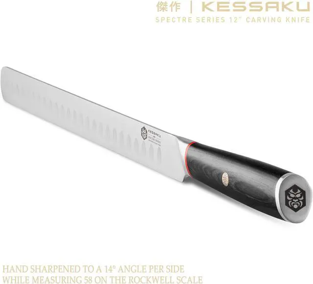 Alt view image 4 of 7 - Kessaku Carving Knife - 12 inch - Spectre Series - Razor Sharp - Granton Edge - Forged Japanese AUS-8 High Carbon Stainless Steel - Spanish Pakkawood Handle with Blade Guard