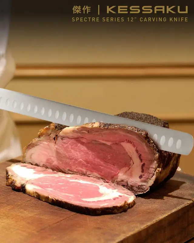 Alt view image 6 of 7 - Kessaku Carving Knife - 12 inch - Spectre Series - Razor Sharp - Granton Edge - Forged Japanese AUS-8 High Carbon Stainless Steel - Spanish Pakkawood Handle with Blade Guard