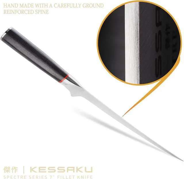 Alt view image 4 of 7 - Kessaku Fillet Knife - 7 inch - Spectre Series - Flexible - Razor Sharp - Forged Japanese AUS-8 High Carbon Stainless Steel - Boning, Trimming, Skinning - Spanish Pakkawood Handle with Blade Guard