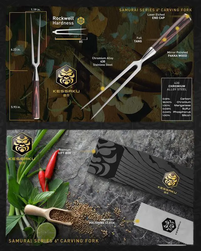 Alt view image 6 of 6 - Kessaku Meat Fork - 6 inch - Samurai Series - Dual-Prong Carving & BBQ Fork - Forged High Carbon Stainless Steel - Wood Handle
