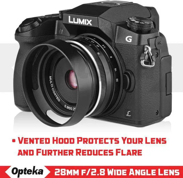 Alt view image 5 of 7 - Opteka 28mm f/2.8 HD MC Manual Focus Prime Lens with Vented Hood and Cleaning Kit for Panasonic Micro 4/3 Mount Digital Cameras