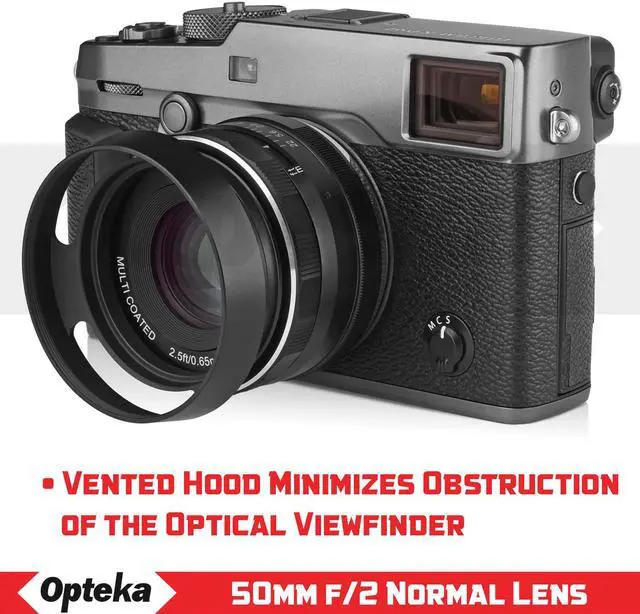 Alt view image 5 of 7 - Opteka 50mm f/2.0 HD MC Manual Focus Prime Lens with Vented Hood and Cleaning Kit for Fuji X Mount APS-C Digital Cameras