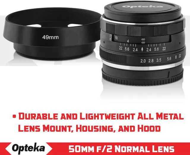 Alt view image 2 of 7 - Opteka 50mm f/2.0 HD MC Manual Focus Prime Lens with Vented Hood and Cleaning Kit for Fuji X Mount APS-C Digital Cameras