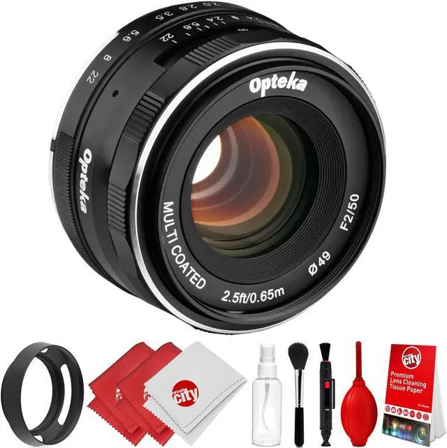 Main image of Opteka 50mm f/2.0 HD MC Manual Focus Prime Lens with Vented Hood and Cleaning Kit for Fuji X Mount APS-C Digital Cameras