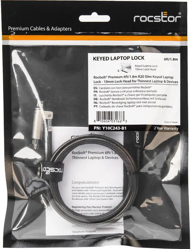 Alt view image 3 of 8 - Rocbolt R20 Slim Laptop Security Cable w/ Key Lock & 2 Keys 10mm Lock Head