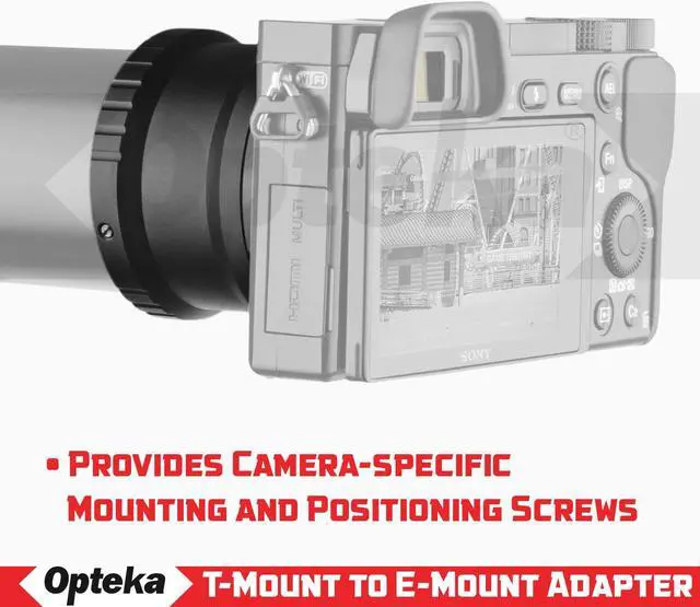 Alt view image 4 of 6 - Opteka T-Mount (T2) Lens Adapter for Sony E-Mount a9, a7R, a7S, a7, a6600, a6500, a6400, a6300, a6100, a6000, a5100, a5000, a3000, NEX-7, NEX-6, NEX-5T, NEX-5N, NEX-5R, 3N Digital Mirrorless Cameras