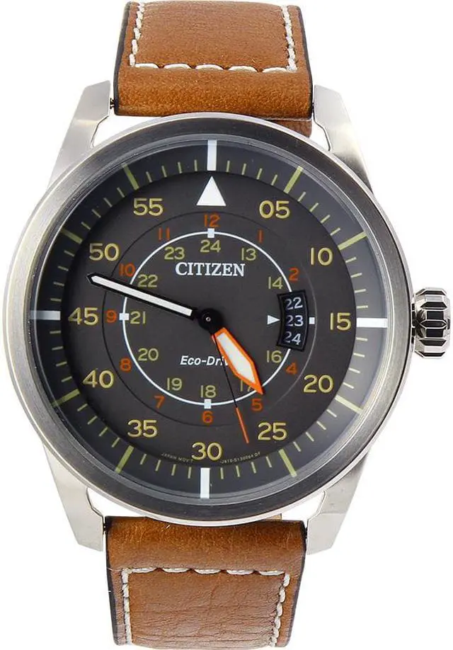 Alt view image 4 of 19 - Citizen AW1361-10H Men's Avion Eco-Drive Charcoal Dial Brown Leather Strap Watch