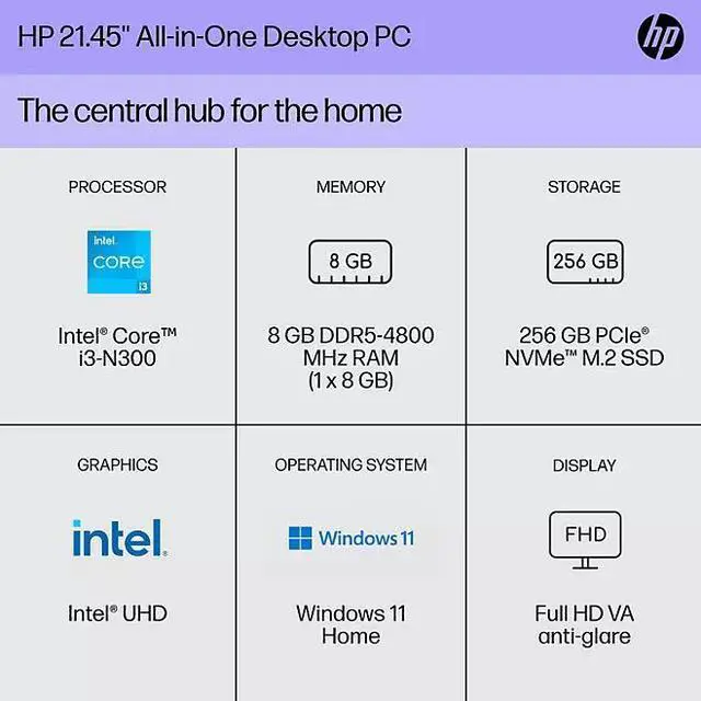 Alt view image 2 of 7 - HP 22-dg00 21.75" AIO Desktop Intel Core i3-N300 8GB 256GB W11H