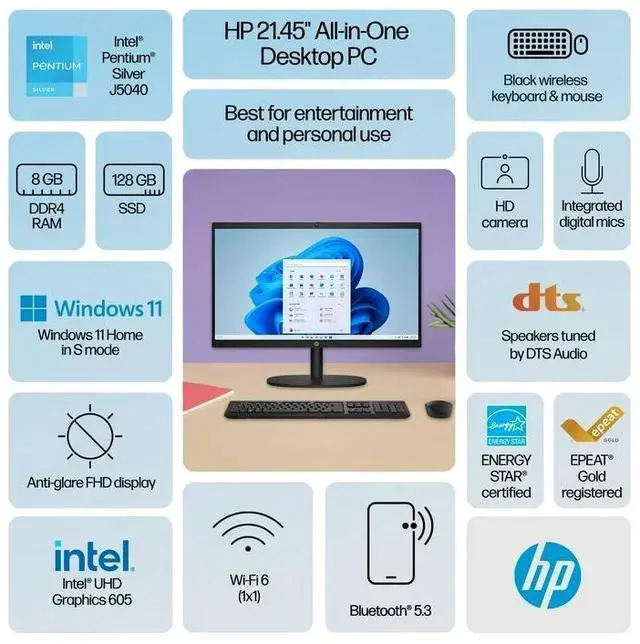 Alt view image 2 of 7 - HP 22-dg00 22" AIO Desktop Intel J5040 8GB 128GB W11H w/ ION Projector