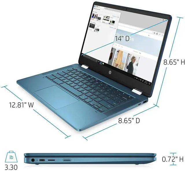 Alt view image 4 of 5 - HP Laptop X360 14a Chromebook 14" HD Touchscreen Intel Celeron, 4GB LPDDR4 64GB eMMC, Metallic Blue