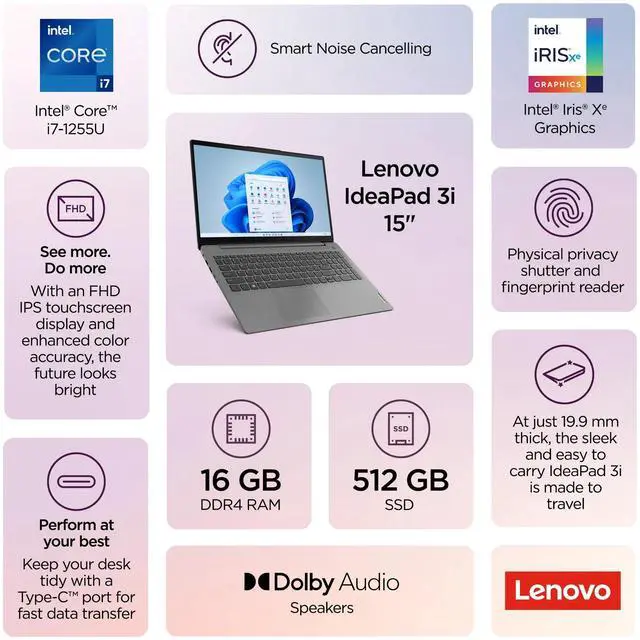 Alt view image 2 of 7 - Lenovo IdeaPad 3 15IAU7 15.6" FHD Laptop Intel Core i7-1255U 16GB 512GB W11H