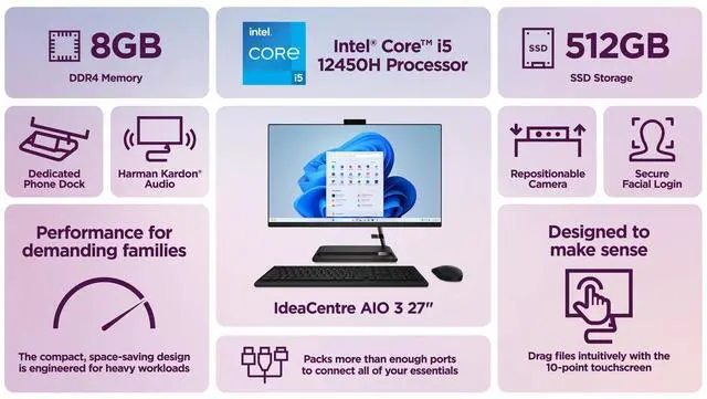 Alt view image 2 of 7 - Lenovo IdeaCentre AIO 3i 27" FHD Touch PC Intel Core i5-12450H 8GB 512GB Win11H