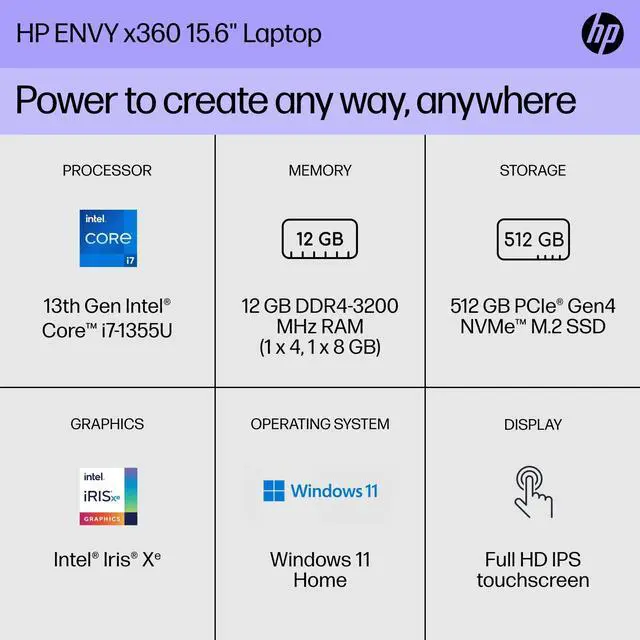 Alt view image 3 of 7 - HP Envy x360 15-ew1082wm 15.6" FHD 2-in-1 Laptop Intel Core i7 12GB 512GB Win11H