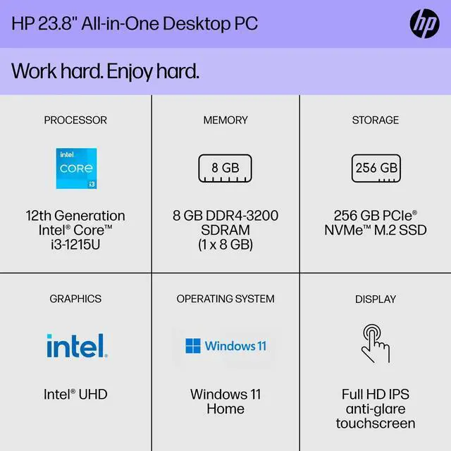 Alt view image 4 of 7 - HP 24-cb1023w 23.8" FHD Touch All-in-One PC Intel i3-1215U 8GB 256GB W11H