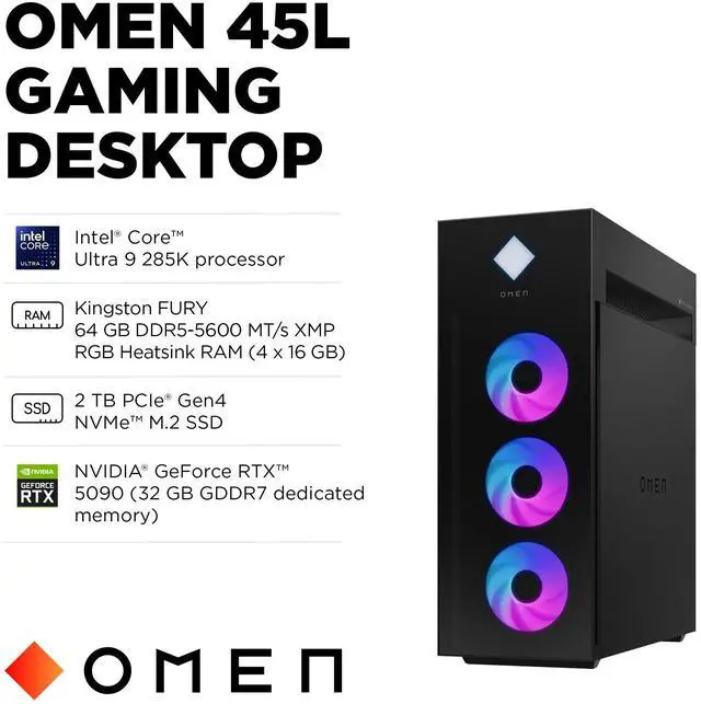 Alt view image 2 of 7 - HP OMEN 45L GT22 Gaming PC, Ultra 9 285K, 64GB, 2TB, RTX 5070Ti, Windows 11